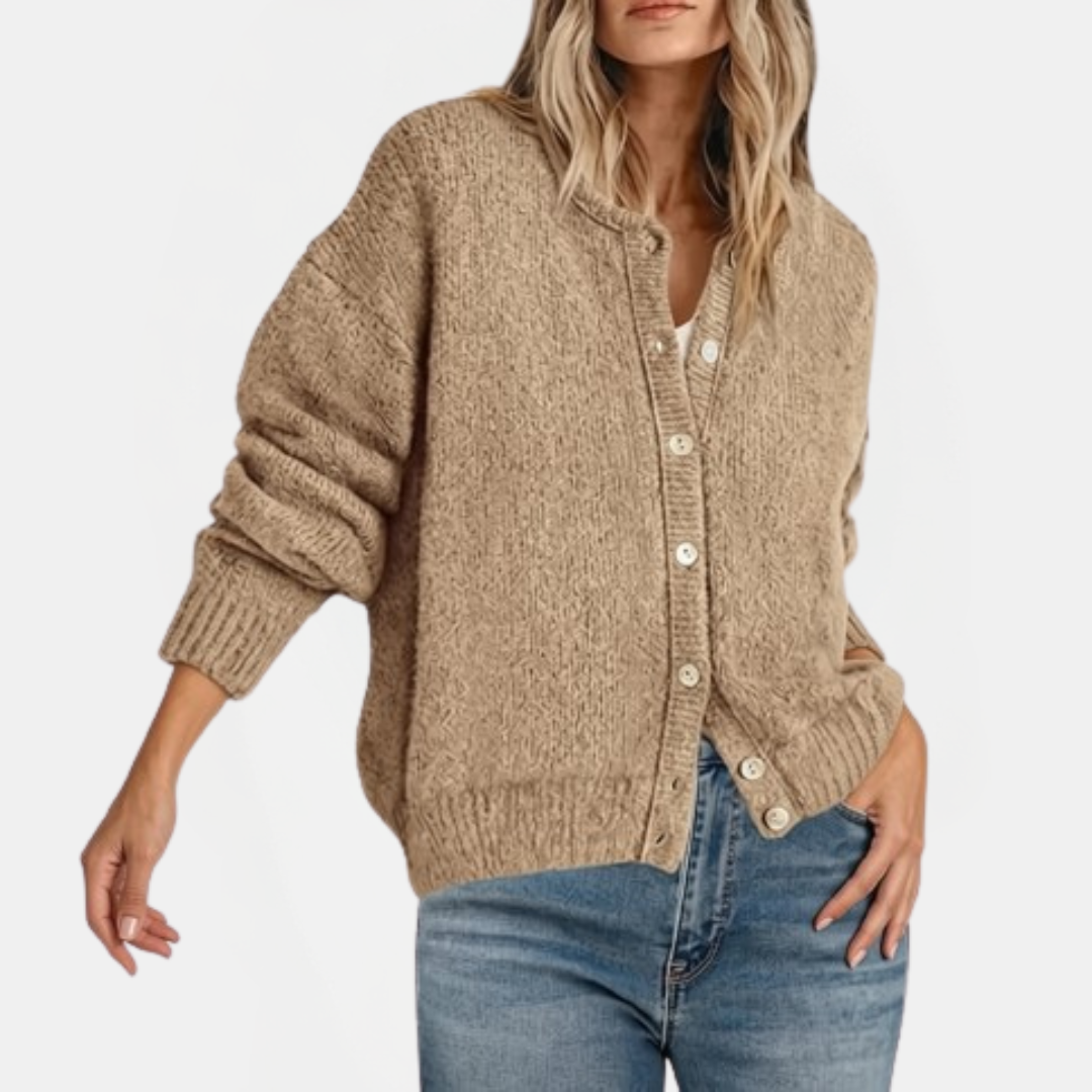 Women's Button-Front Crew Neck Cardigan, Relaxed Fit