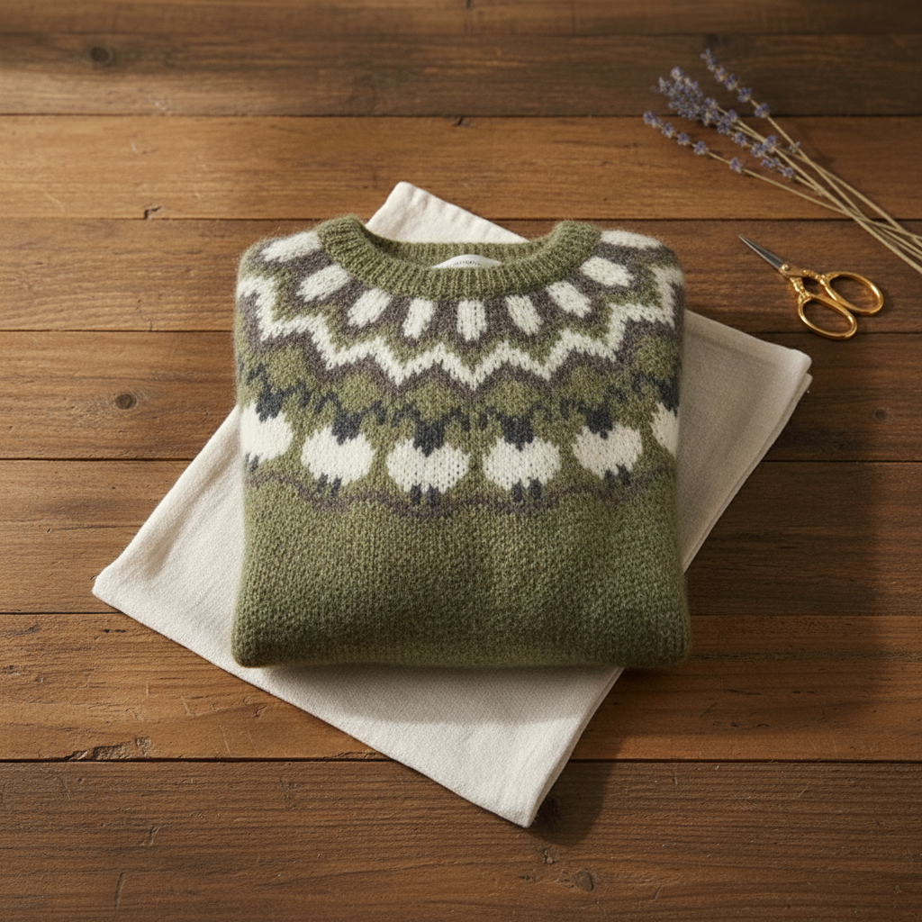 Olive Cotton Jumper with Sheep Pattern