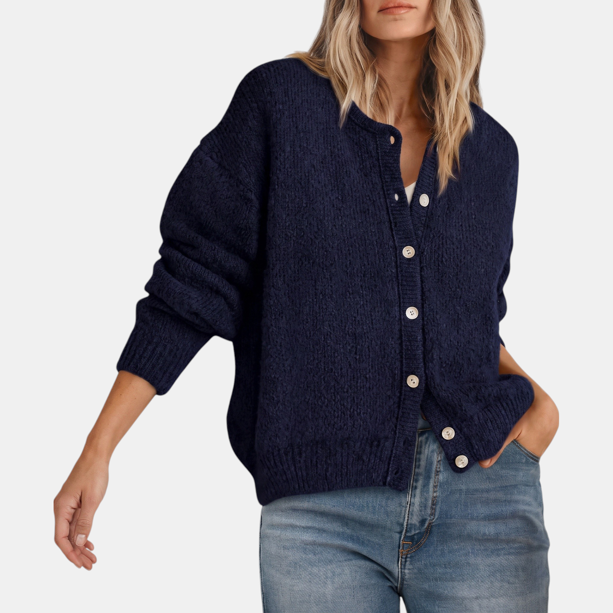 Women's Button-Front Crew Neck Cardigan, Relaxed Fit