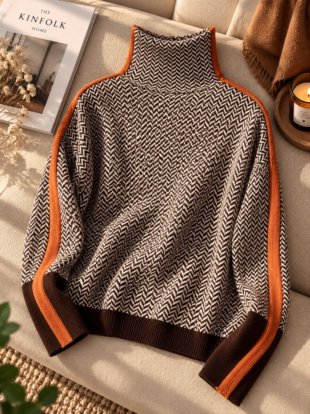 Erica™ | Chevron Roll Neck Jumper with Contrast Stripe