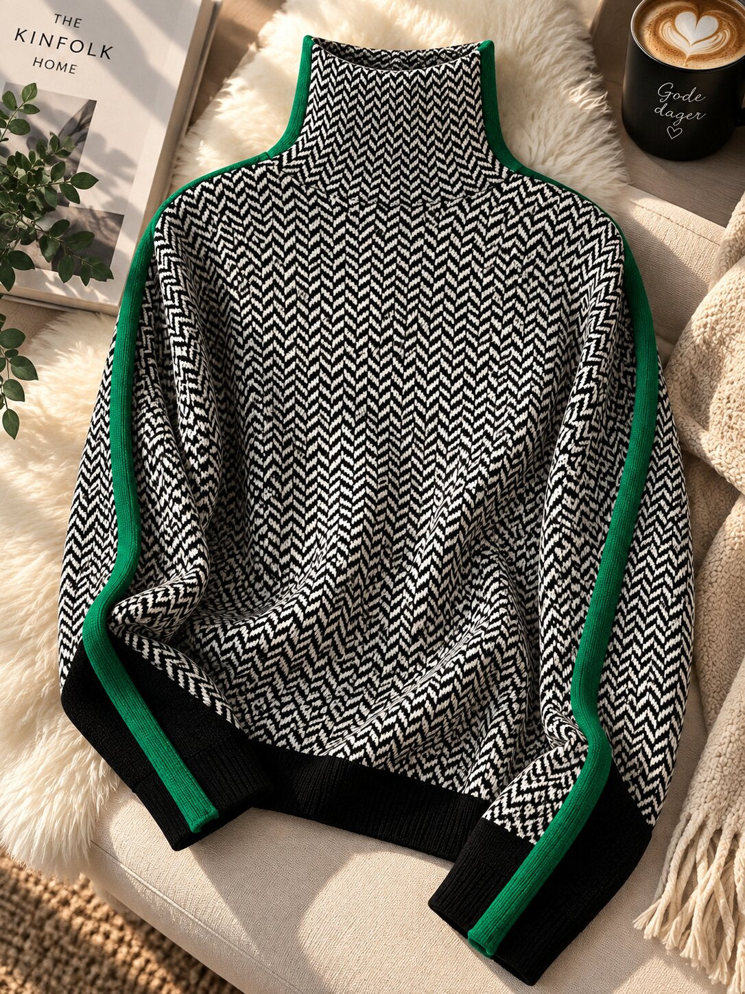 Erica™ | Chevron Roll Neck Jumper with Contrast Stripe