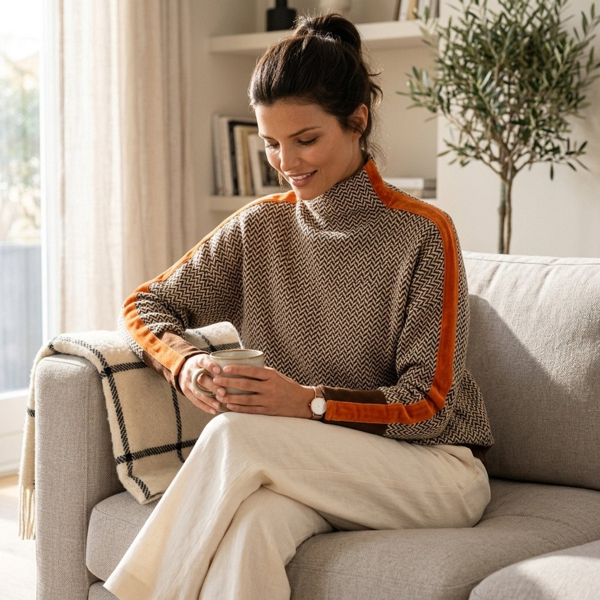 Erica™ | Chevron Roll Neck Jumper with Contrast Stripe