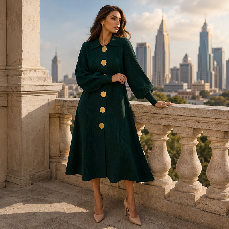 Elena | Ribbed Knit Maxi Dress with Lantern Sleeves