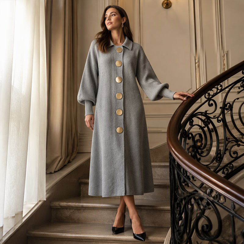 Elena | Ribbed Knit Maxi Dress with Lantern Sleeves